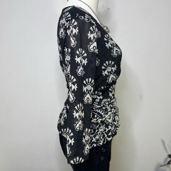 Vtg Y2K Art Deco Black White Sheer Mesh Faux Wrap V-Neck Top Whimsygoth Fairy XL - Picture 3 of 8